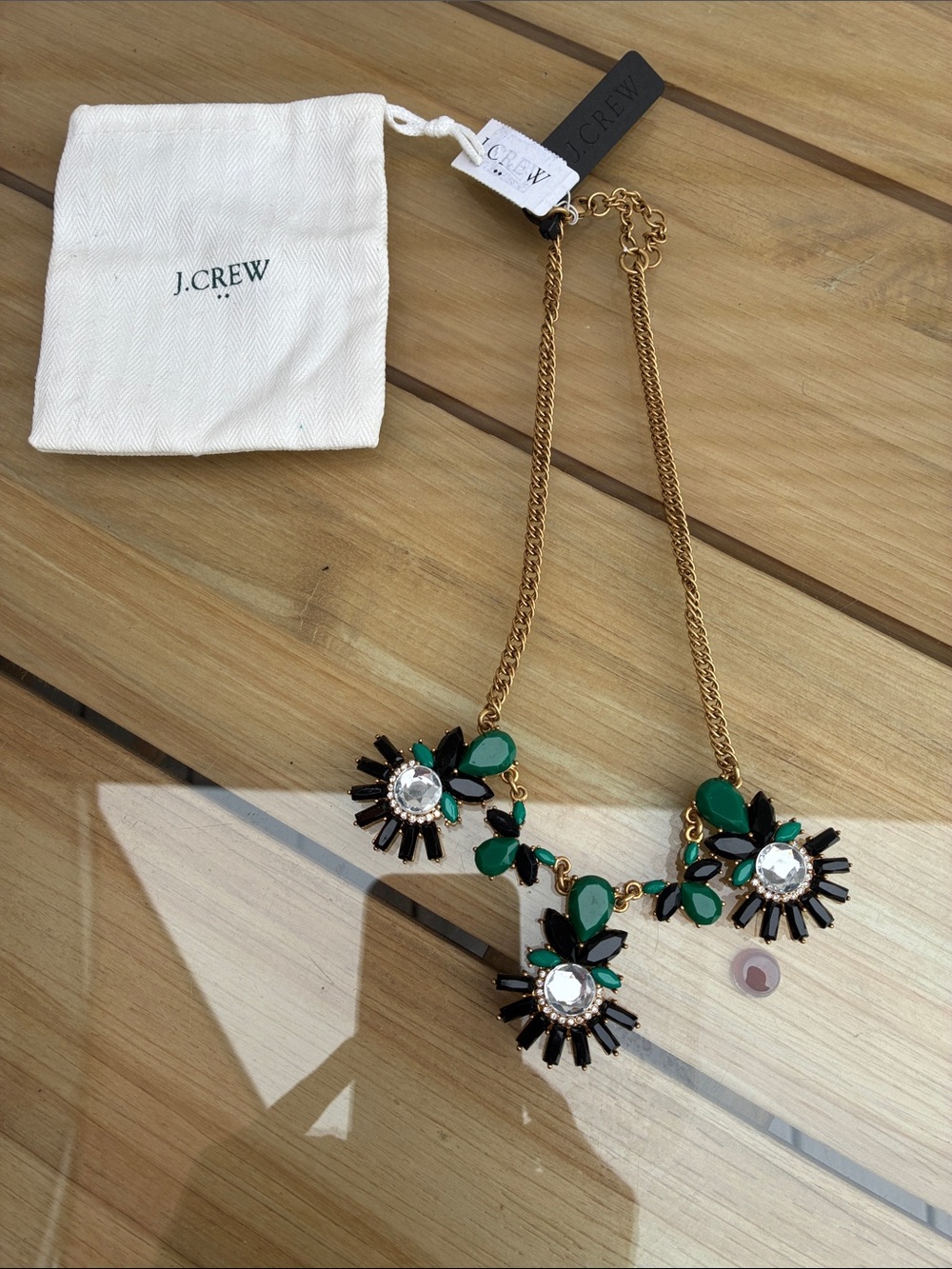 J. Crew Gold Chain Necklace with Green and Black Floral Stones